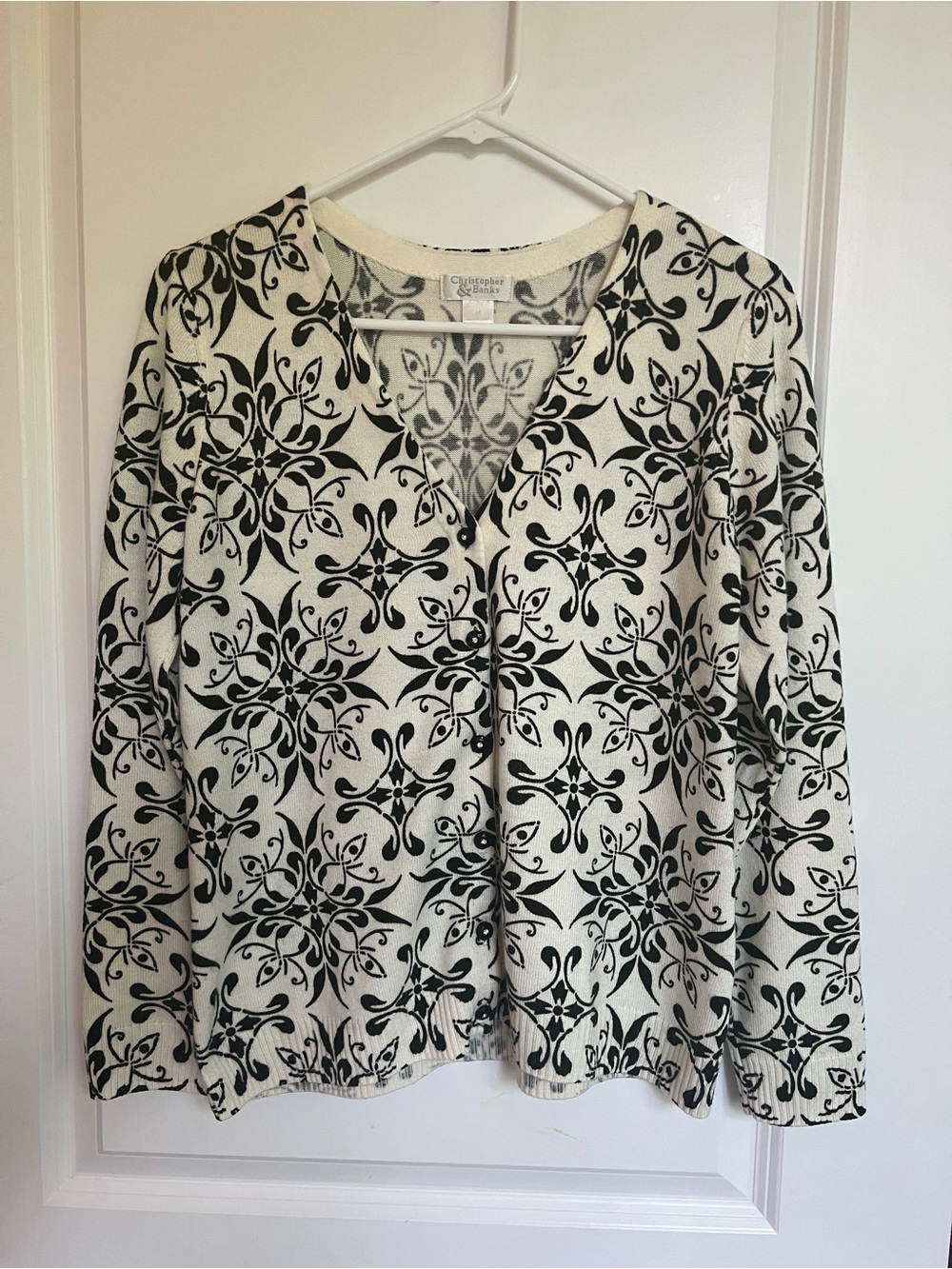Christopher & Banks Cream and Black Floral V-Neck Cardigan